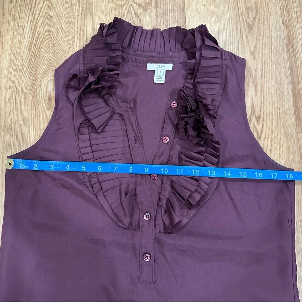 J.Crew Silk Sleeveless Ruffle Pleat Front Blouse Burgundy Wine Size 2